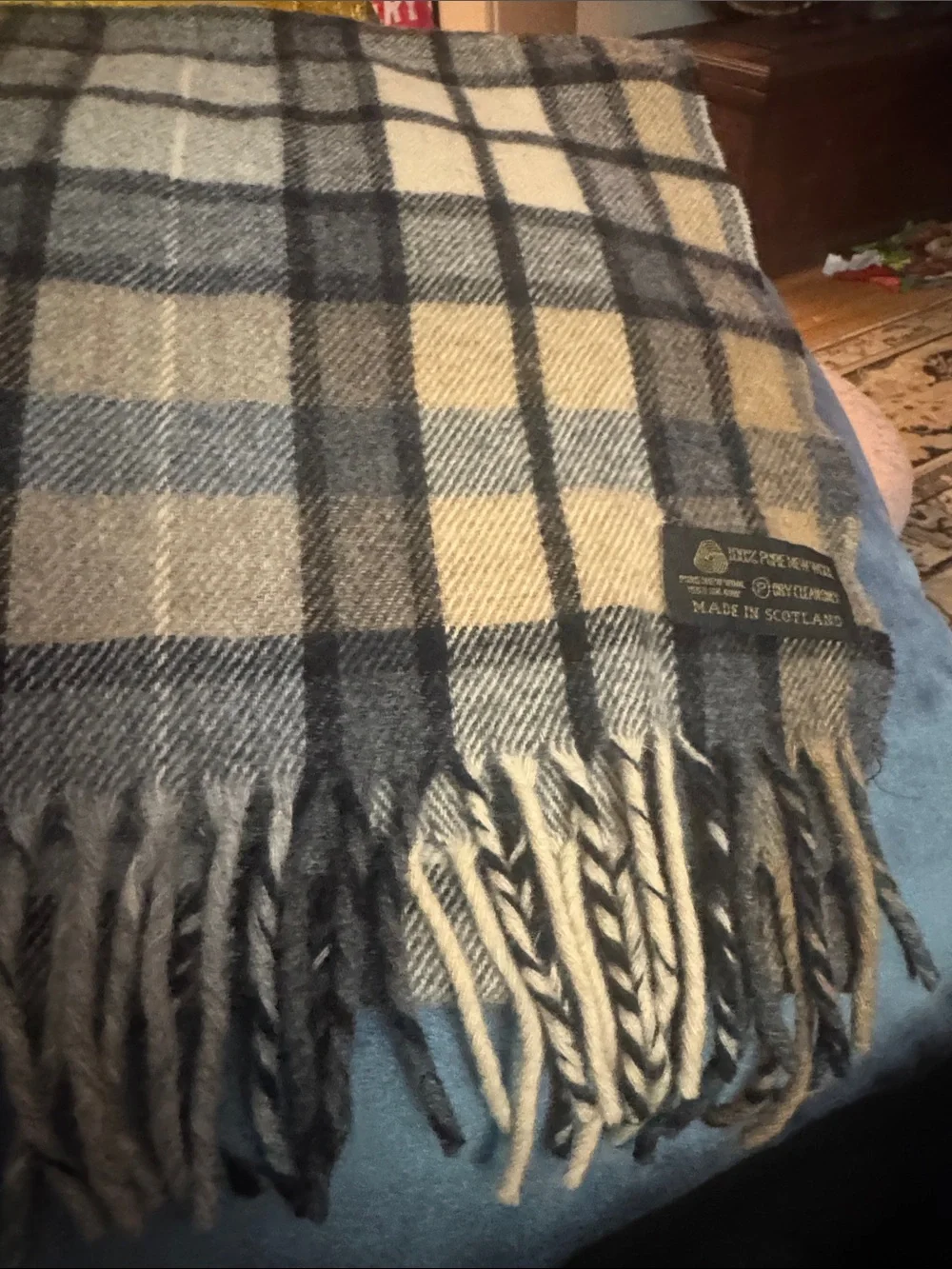 Plaid Fringe Scarf in Blue, Tan and Cream - 100% pure new wool